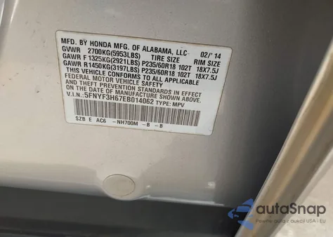 2014 Honda Pilot Ex-L z USA, uszkodzony, nr VIN 5FNYF3H67EB014062